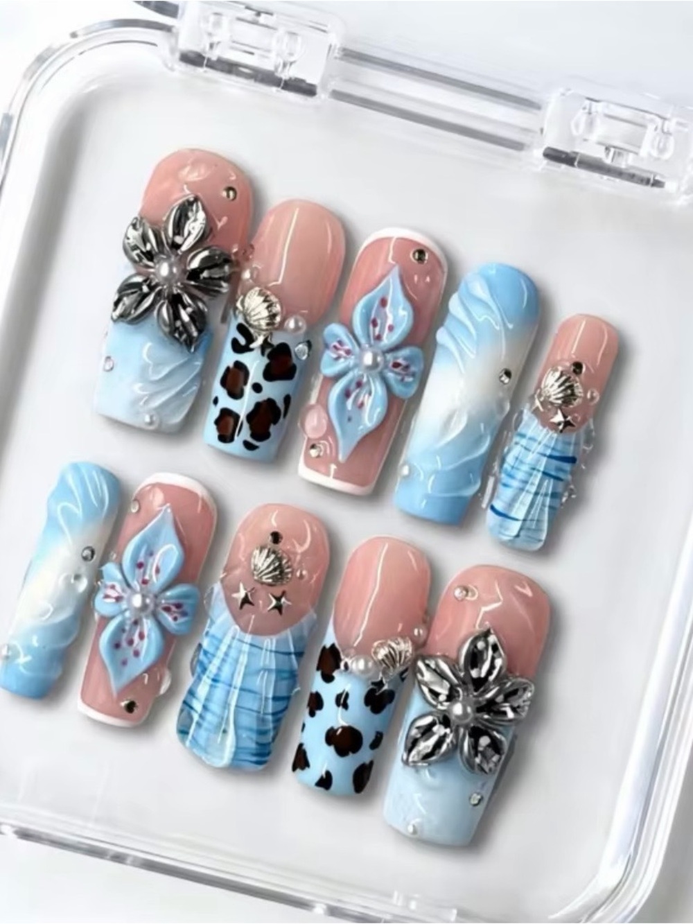 Blue & Pink Floral 3D Press-On Nail Set